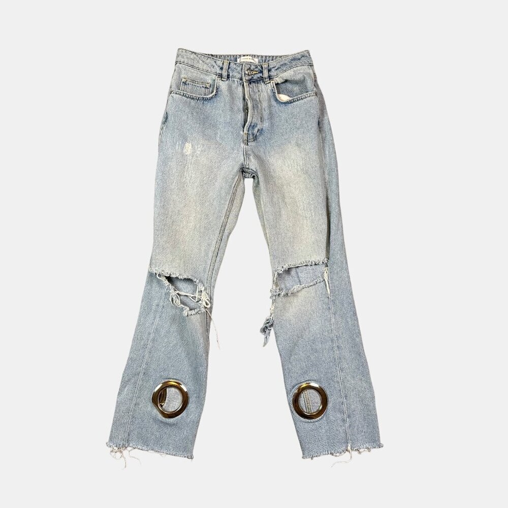 Anine Bing Giovanna Jeans Light Blue Distressed Grommet Women's Size 25 - Picture 3 of 8
